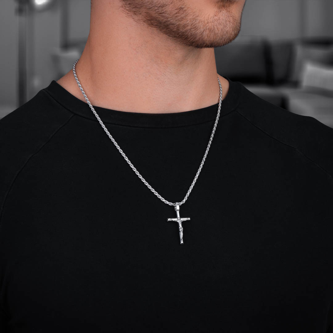 Silver factory rope chain with cross pendant